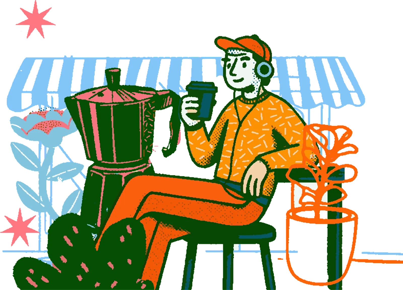 Ilustração de um rapaz de boné e fones de ouvido tomando café sentado em um banquinho, sob o toldo listrado de uma cafeteria, ao lado de uma cafeteira italiana gigante e de um vaso de planta.