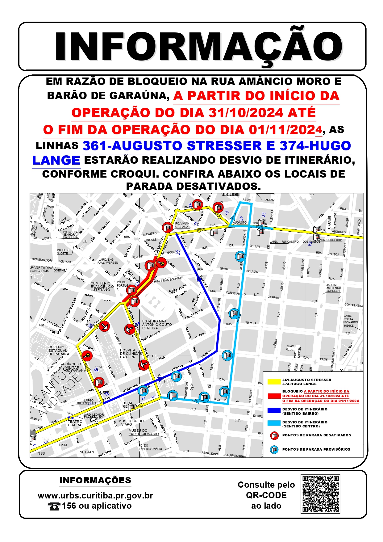 Mapa Desvio de ruas para show de Bruno Mars em Curitiba. Imagem: Urbs.