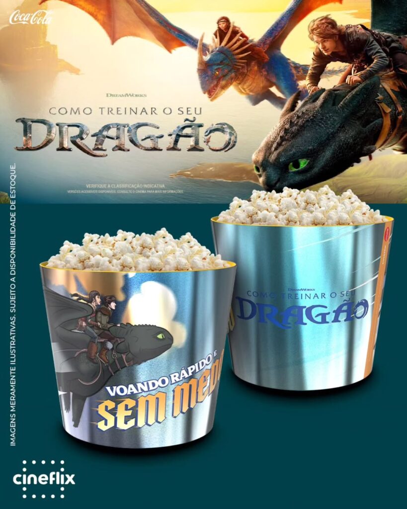 Balde de pipoca Como Treinar o Seu Dragão na rede Cineflix em Curitiba. Foto: Divulgação.