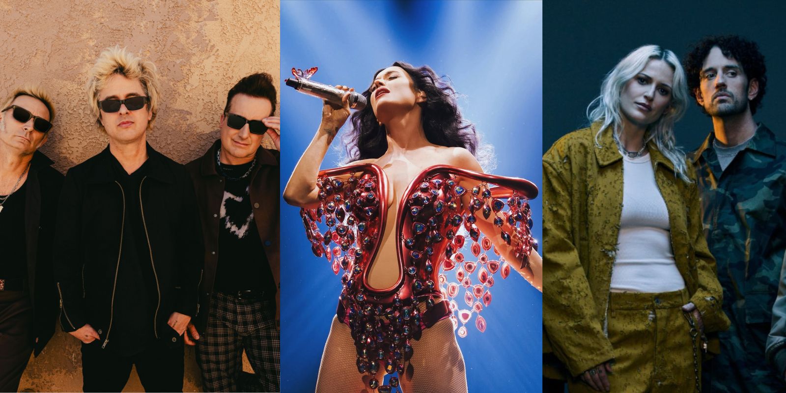 Curitiba recebe 20 shows internacionais ainda em 2025 como Green Day Katy Perry e Linkin Park. Fotos: Alice Baxley/Cynthia Hurst/Divulgação.