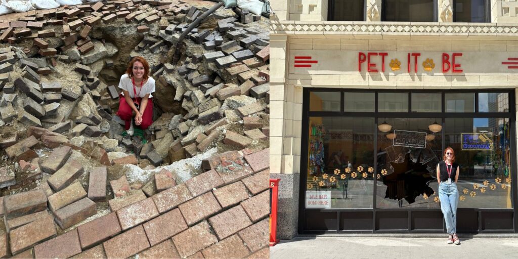 Daniela Medeiros com detalhes da produção curitibana faz parte da equipe de arte do filme Superman. Foto: arquivo pessoal.