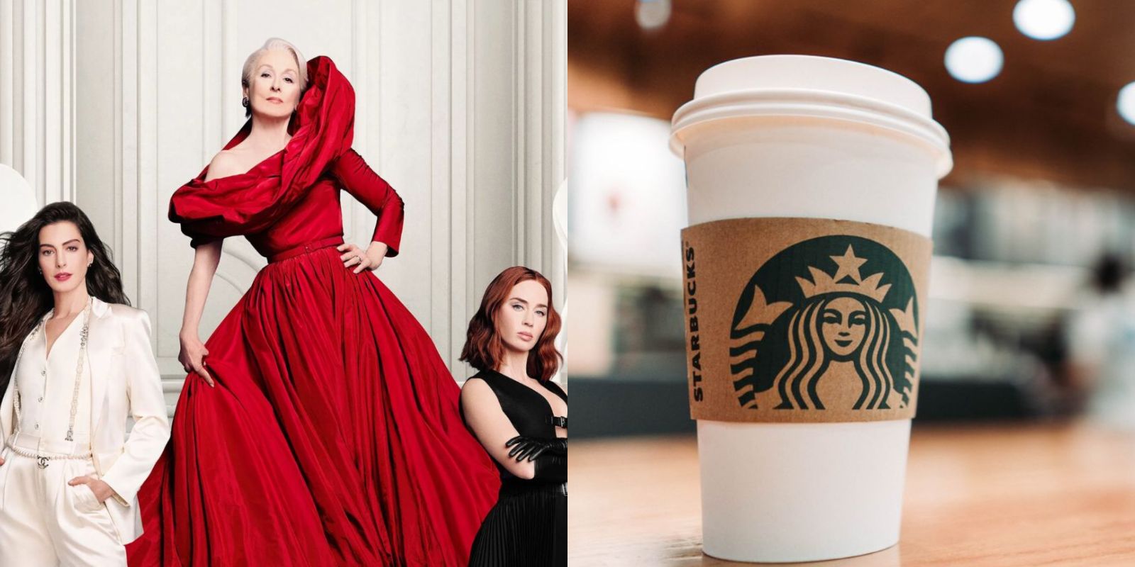 Collab Starbucks e O Diabo Veste Prada. Fotos: Divulgação 20th Century Studios/divulgação.